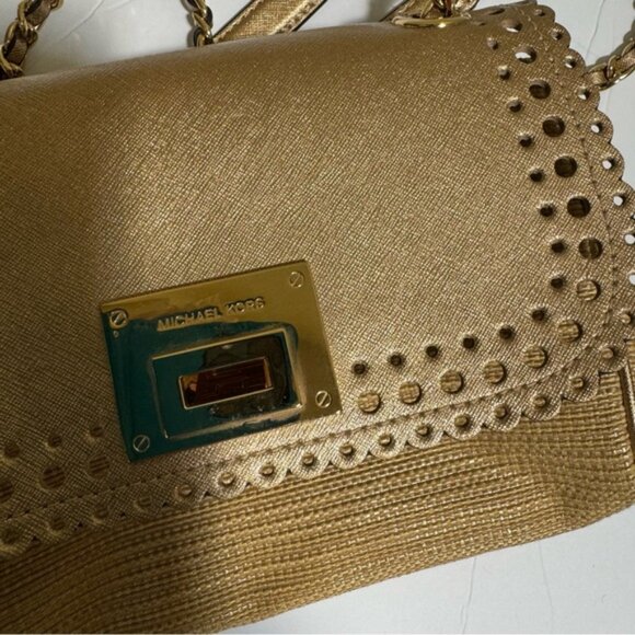 Michael Kors Violet Vivian Leather Straw Raffia Metallic Chain Shoulder Bag Tote - Picture 10 of 16